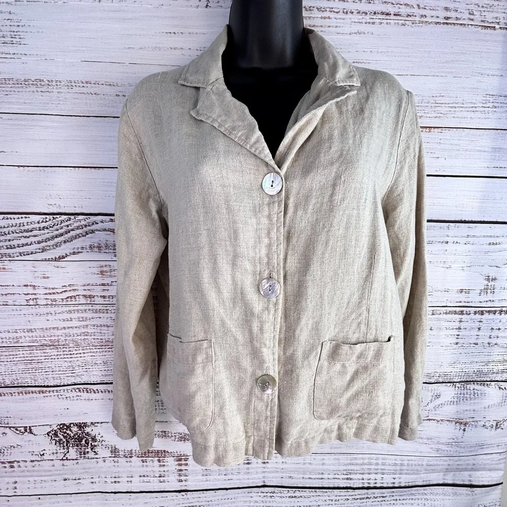 Vintage Jacket 8P Beige 100% Linen Shell Button Cinch Patch Pocket Minimalist